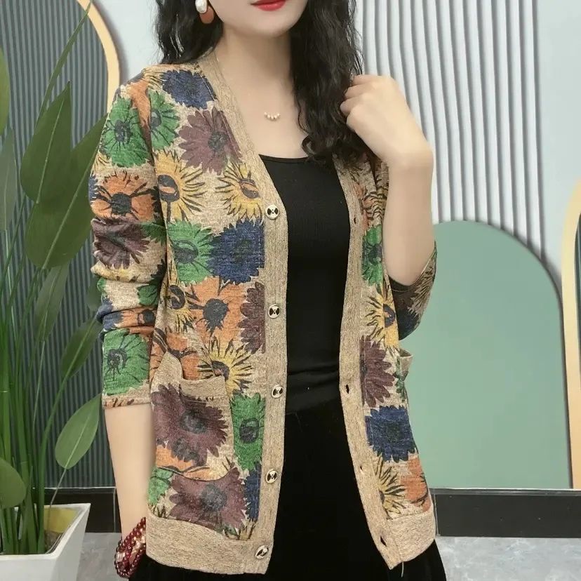 Áo Khoác Cardigan Dệt Kim Tay Dài Dáng Rộng Thời Trang Cho Phụ Nữ Trung Niên