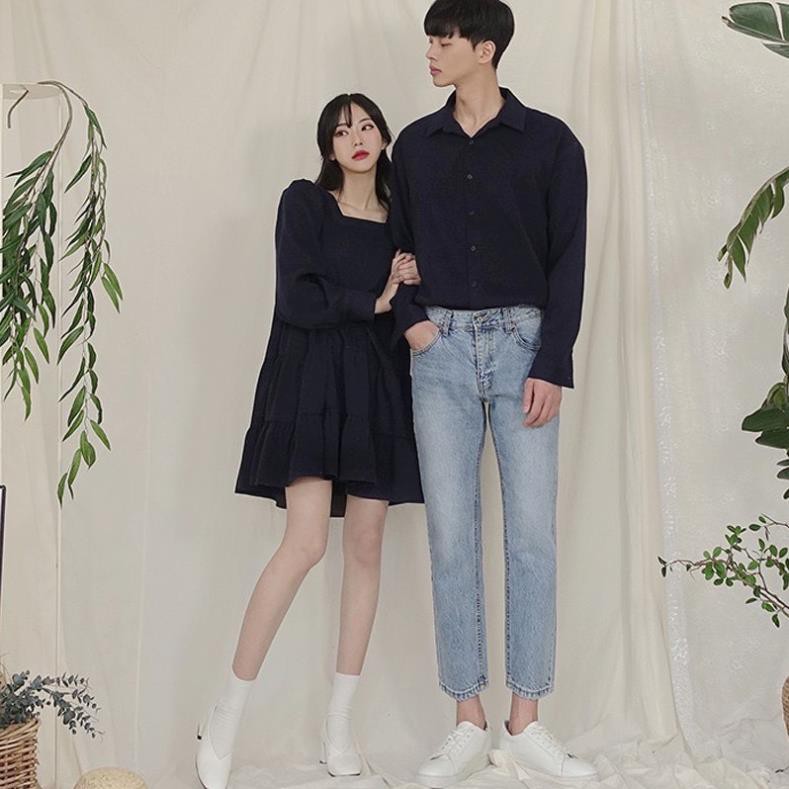 Bộ áo váy sơ mi cặp cao cấp, đồ đôi nam nữ  dễ thương, chất đẹp để chụp hình cưới, đi du lịch
