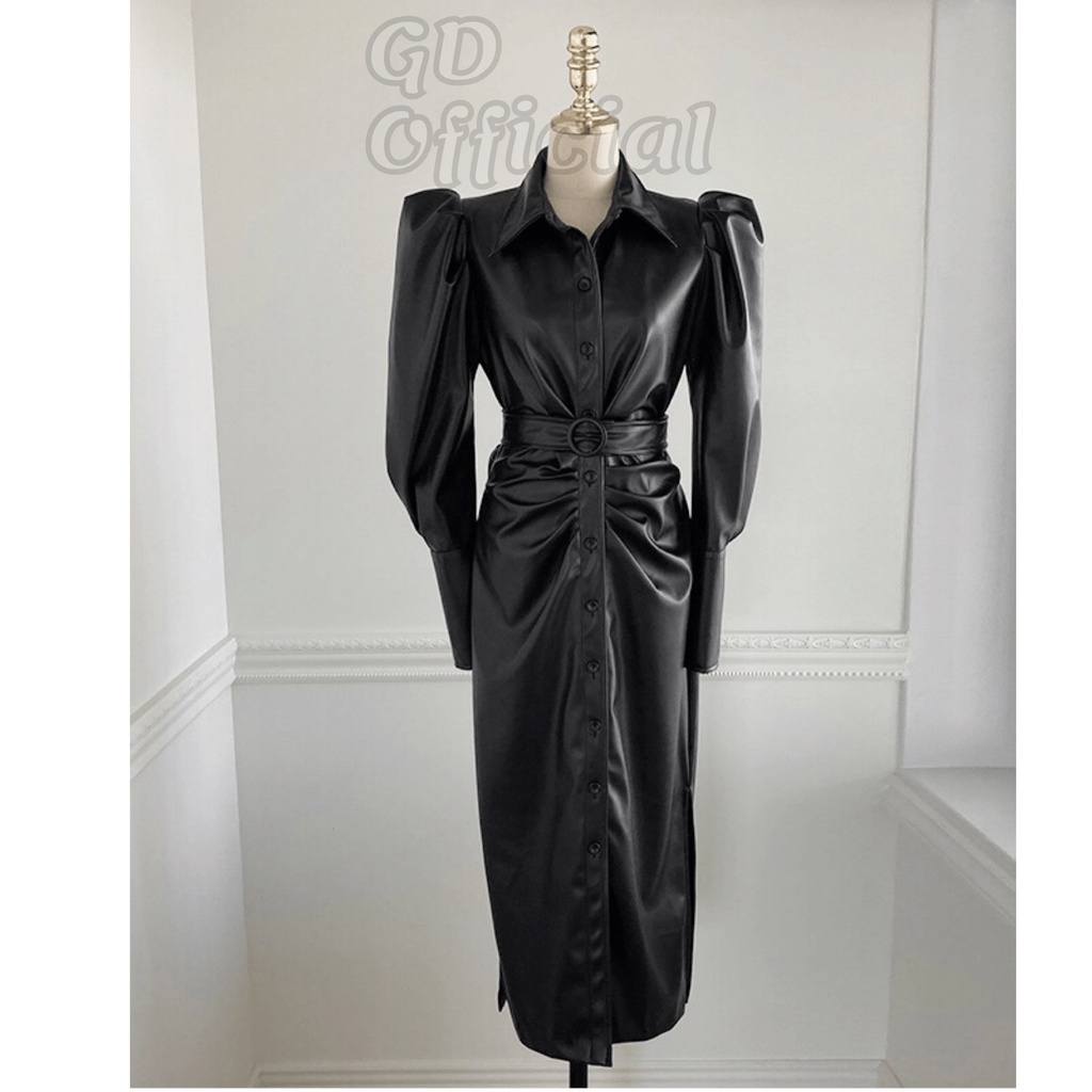 D29|Đầm da PU khí chất sang trọng kèm thắt lưng cho nữ công sở, dạ tiệc màu đen gd_order