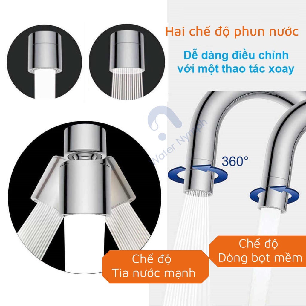 Đầu vòi nước tăng áp, xoay 360 độ Waternymph N23, tạo bọt, chống bắn hai chế độ phun tiện ích (tặng bộ ren 6 món)