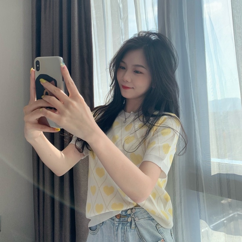 【Hana and Alice】Áo Thun Tay Ngắn Dệt Kim Thời Trang Mùa Hè 2023 Phong Cách Mới Cho Nữ
