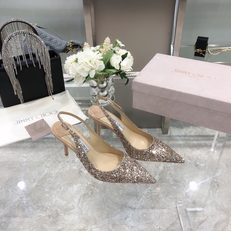 Giày cao gót mũi nhọn Jymmy Choo da bò đính hạt lấp lánh siêu tôn chân