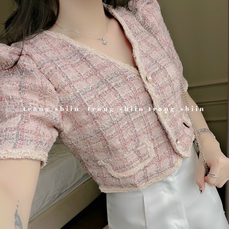 Set 2 món: Áo dạ hồng viền+ short trắng