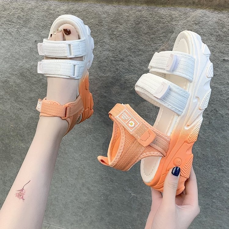 Giày Sandal Nữ Ulzzang Vintage Màu Gradient Hai Quai Ngang Khóa Dán Đế Độn 3cm Hàn Quốc, Street Style - Iclassy_shoes