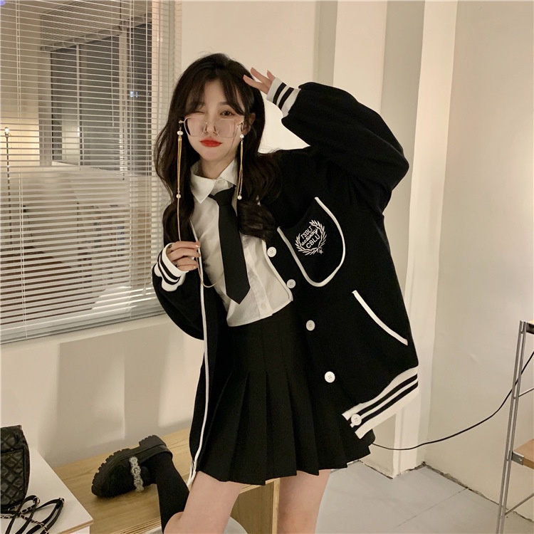 IELGY    Áo Khoác Dáng Rộng Thêu Hình plus size Phong Cách preppy Dành Cho Nữ