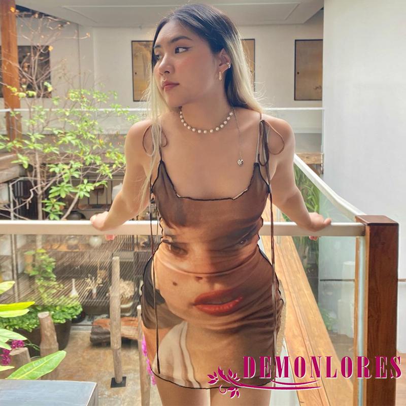 Đầm không tay cổ chữ U in họa tiết chân dung thời thượng dành cho nữ