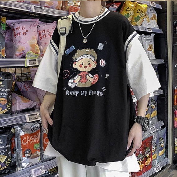 Áo thun nam Tay Ngắn áo thun tay lỡ Giả Hai Lớp In áo phông nam Họa Tiết áo phông form rộng Thời Trang áo thể thao nam phong cách Hàn Quốc áo thun mỹ áo thun kiểu nữ