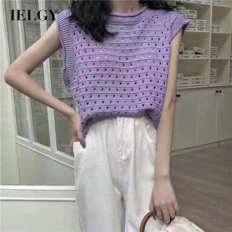 Áo dệt kim IELGY không tay cổ tròn màu trơn thời trang cho nữ