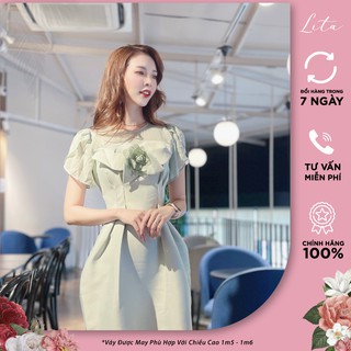 Đầm dự tiệc nữ Lita - Đầm thiết kế lụa đính hoa chít eo dáng xòe cao cấp SKU : VCS22
