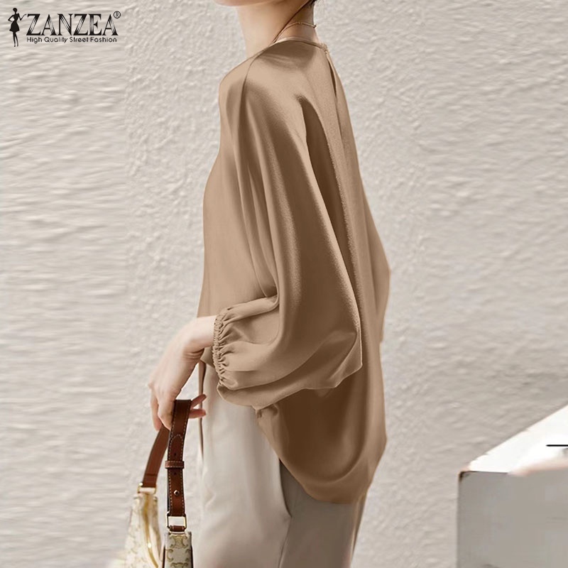 Áo kiểu ZANZEA vải satin tay 3/ 4 cổ tròn cài nút sau lưng thời trang cho nữ