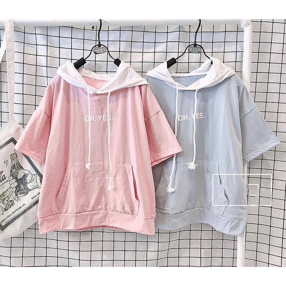 Áo thun tay lỡ form rộng áo phông Unisex có mũ OH YES có dây rút mũ tăng độ rộng