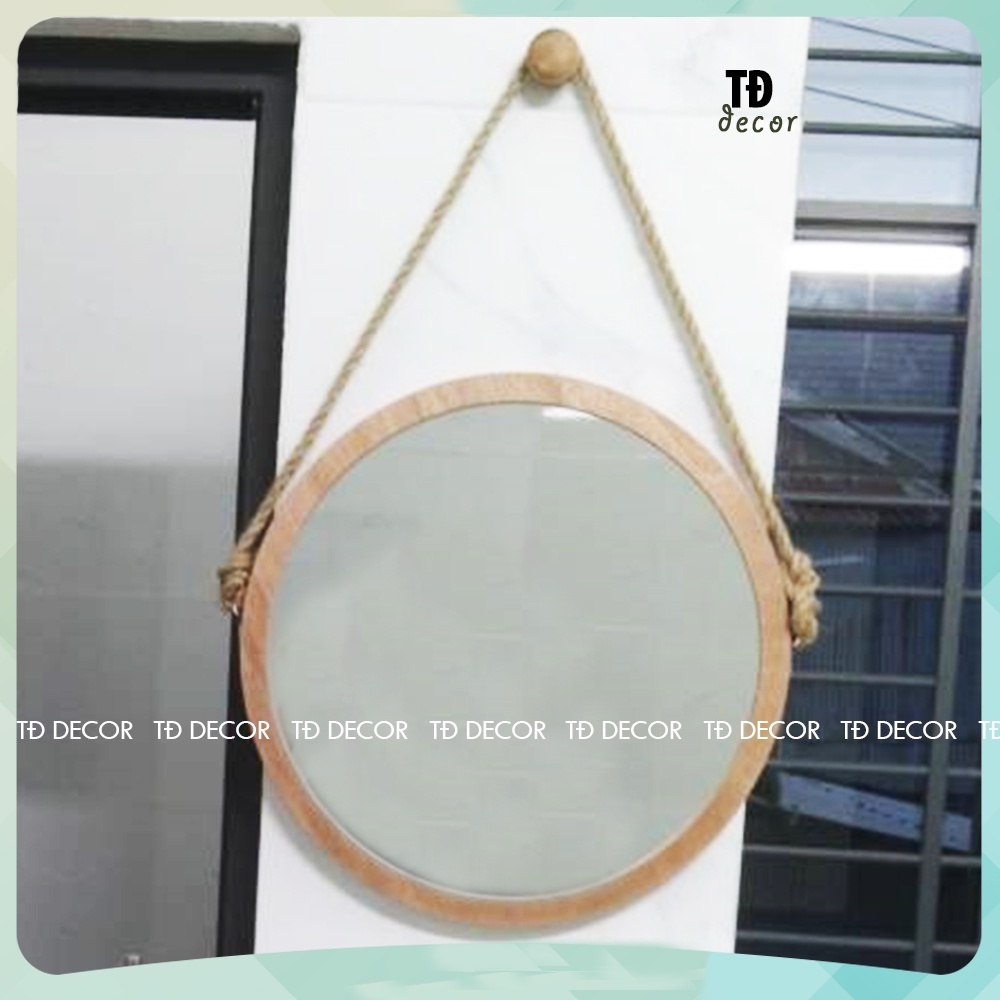 Gương Tròn Treo Tường Khung Viền Gỗ - Gương Soi Nhà Tắm Đầy Đủ Phụ Kiện D30