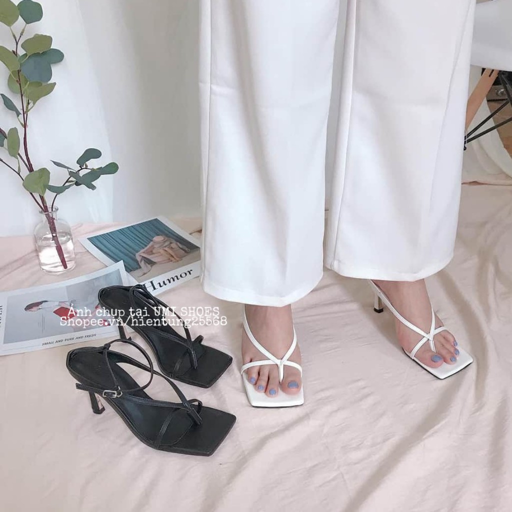 [LOẠI ĐẸP] Sandal cao gót 7cm 4B nữ quai dây mảnh mũi vuông xỏ ngón gót nhọn ôm chân màu trắng/kem/đen đẹp hot 2020 mới