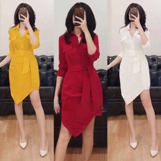 Đầm sơmi công sở tà đắp chéo kèm dây buộc eo + Ảnh thật