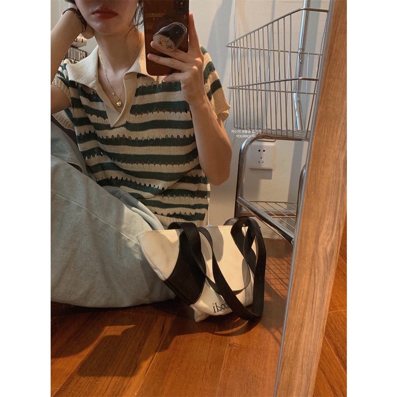 Áo thun Xiaozhainv tay ngắn cổ chữ V họa tiết kẻ sọc 5 màu phong cách thời trang cho nữ