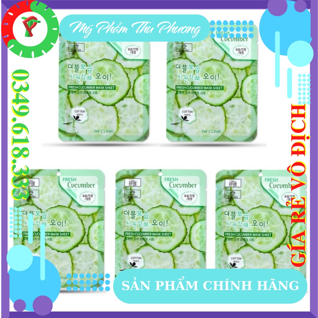 5 Mặt nạ dưỡng da thiên nhiên Dưa leo chuột Mỹ phẩm chăm sóc chính hãng Hàn Quốc 3W Clinic Fresh Cucumber Mask sheet