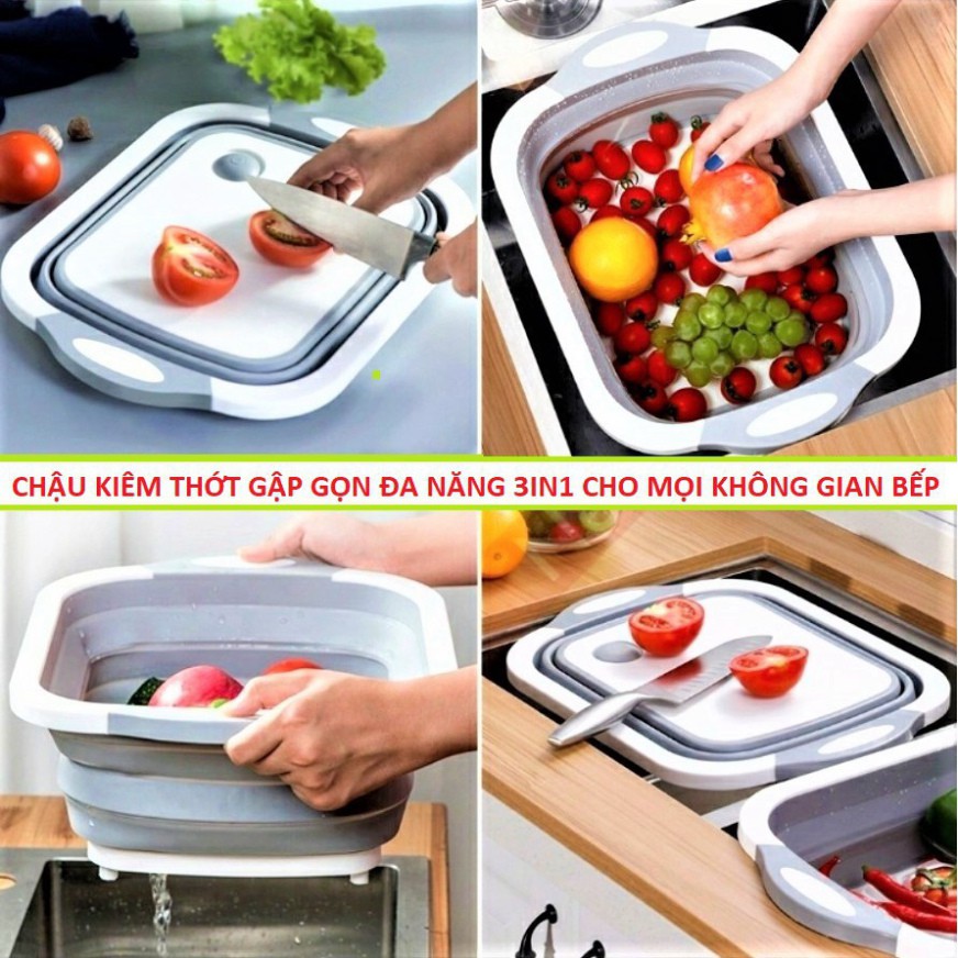 Chậu đa năng gấp gọn thông minh 3 in 1 kiêm thớt trong rổ gập kèm rá rửa rau nhựa nhà bếp tiện dụng