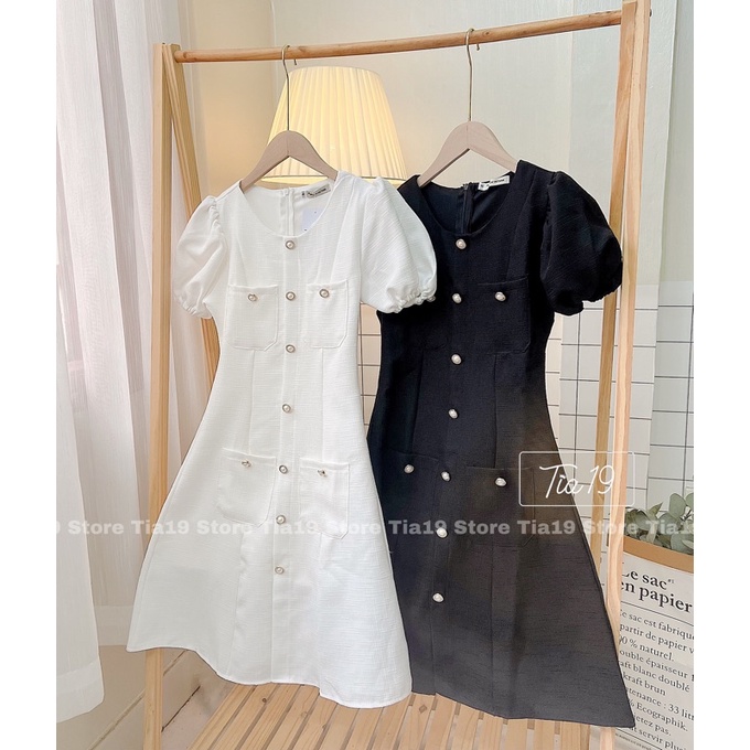 Váy khuy dọc ulzzang cộc tay Tia19. Đầm khuy cộc tay dáng xoè dự tiệc