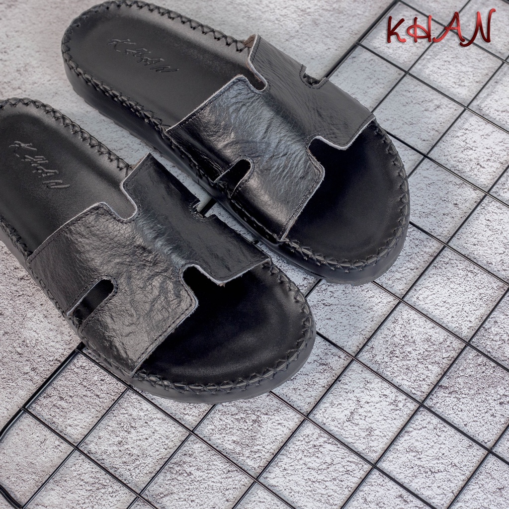 Dép Nam quai ngang , quai ngang da bò chữ H cao cấp Z-02 màu đen