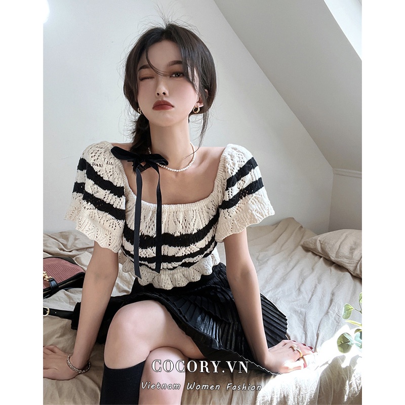 Cocory vn Áo Crop Top Cổ Vuông Tay Ngắn Họa Tiết Sọc Thời Trang Cho Nữ