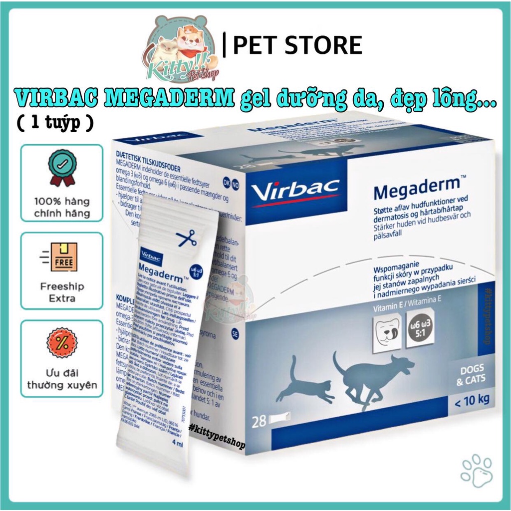 4ml - Gel dinh dưỡng Virbac Megaderm giúp mượt lông, da và giảm ngứa dành cho chó mèo Kitty Pet Shop BMT