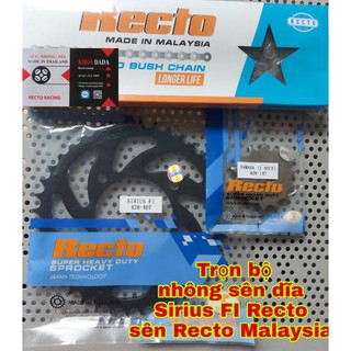 Full trọn bộ nhông sên dĩa Sirius FI Recto, sên đen Recto Malaysia, thông số ; 14/40/106L
