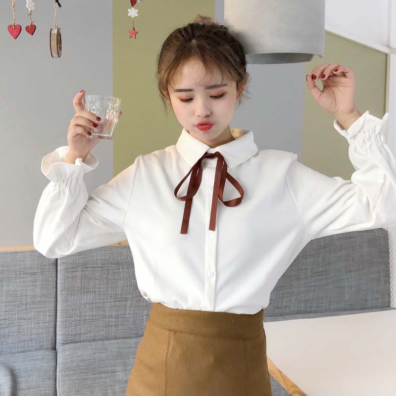 áo sơ mi ulzzang sơ mi nữ trắng sọc xanh tay bồng thắt nơ bánh bèo kiểu dáng Hàn Quốc