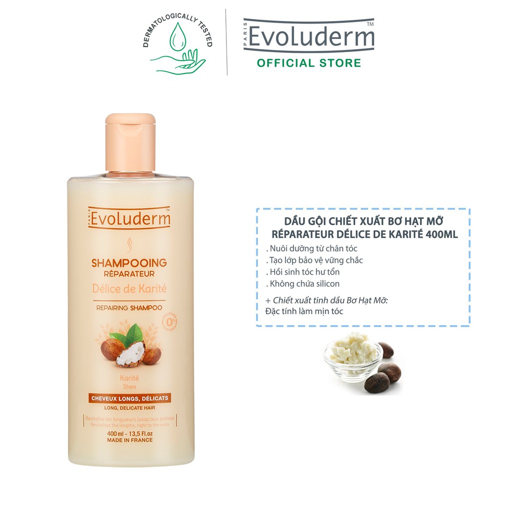 Dầu gội dành cho tóc dài và yếu dễ gãy rụng Evoluderm Shampoing Réparateur Délice de Karité 400ml