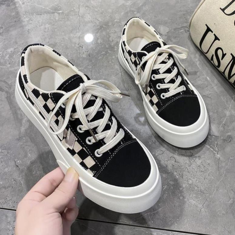 Giày thể thao nữ độn đế quảng châu caro kiểu dáng classic 2 màu đen và xám hot hit