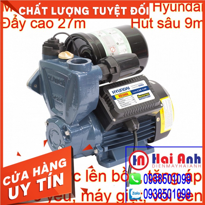 Máy bơm nước đẩy cao và tăng áp tự động Hyundai HD200A cảm biến thông minh, trợ lực nước yếu, BH chính hãng 6 tháng