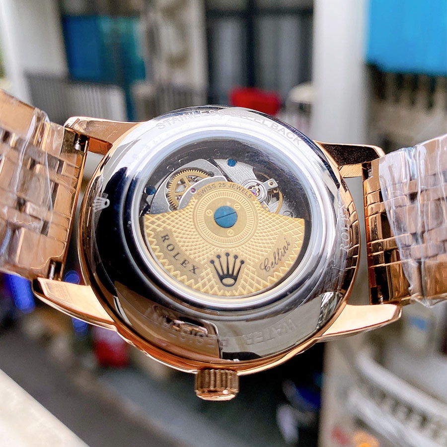 Đồng hồ Nam Rolex đồng hồ cơ Automatic máy nhật mẫu 6mặt đen viền vàng đính đá size 40mm-41mm