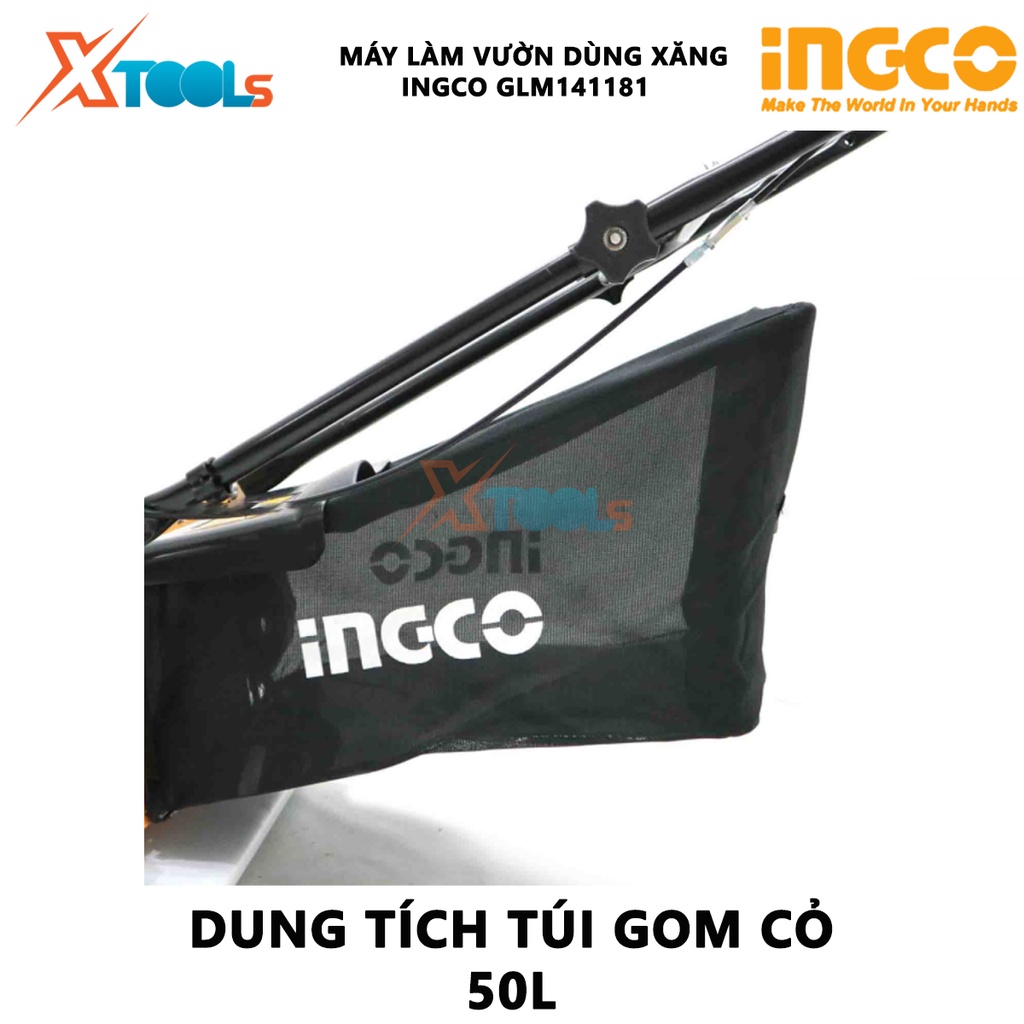 Máy cắt cỏ đẩy dùng xăng INGCO GLM141181 | máy làm vườn 3.0Kw(4HP), Động cơ 4 thì, chiều rộng cắt 460mm (18''), cắt cỏ,