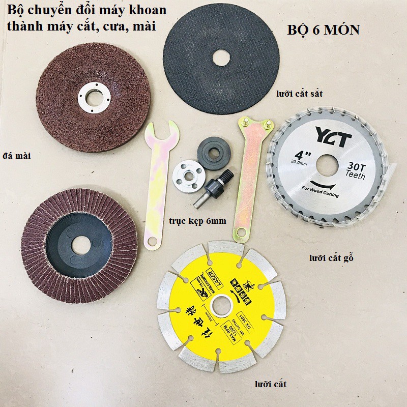 Bộ chuyển đổi máy khoan kèm đĩa cắt sắt, cắt gạch cắt gỗ ,đá mài trục chuyển 6mm - 10mm kèm bộ 6 chi tiết