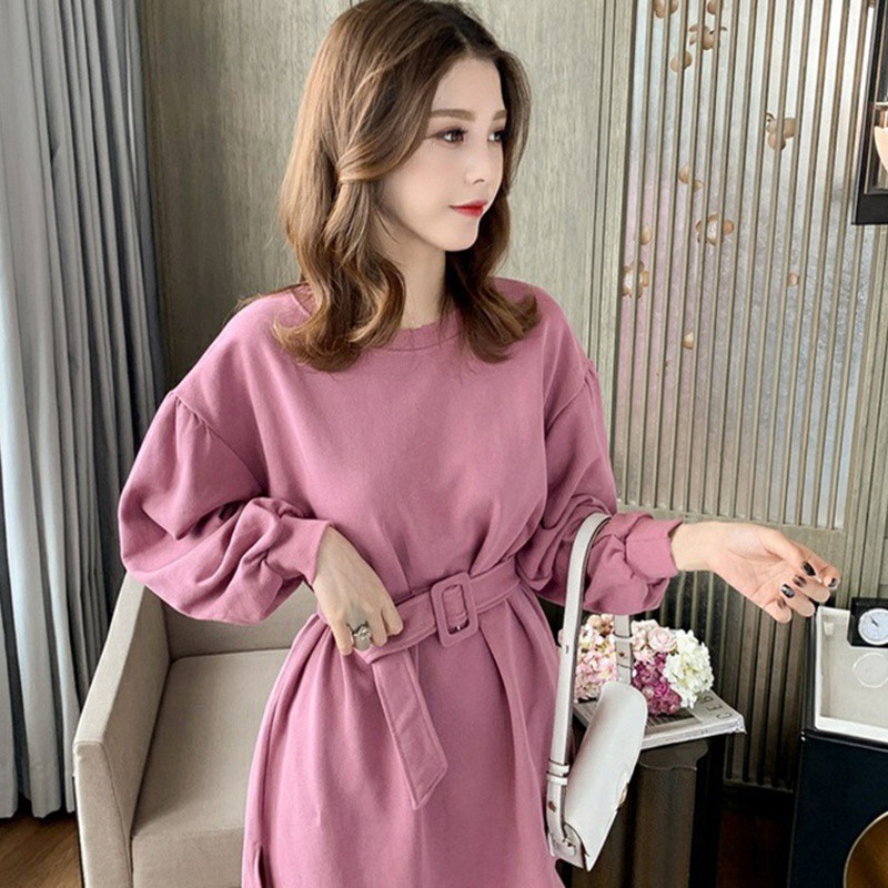 Đầm tay dài cổ tròn màu trơn phong cách Hàn Quốc