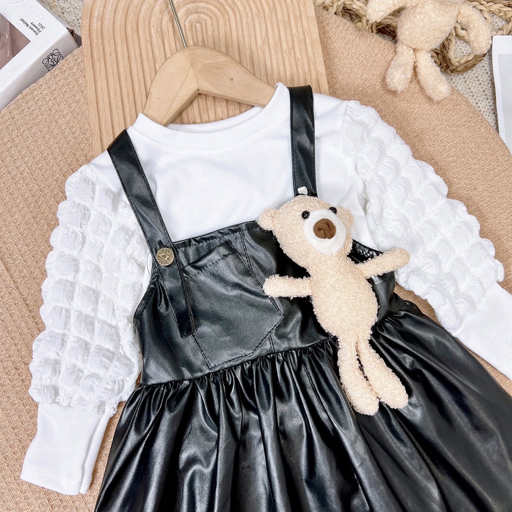 Váy thu đông dài tay cho bé gái, váy yếm da kèm áo cotton tay xốp bồng TĂNG GẤU siêu xinh cho bé