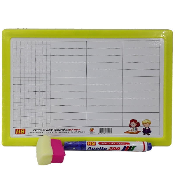 Bảng Bộ 2 Mặt A4 - Kẻ Ngang + Kẻ Ô + Lau Bảng + Bút Lông Bảng - Kid Kit - Viền Màu Vàng