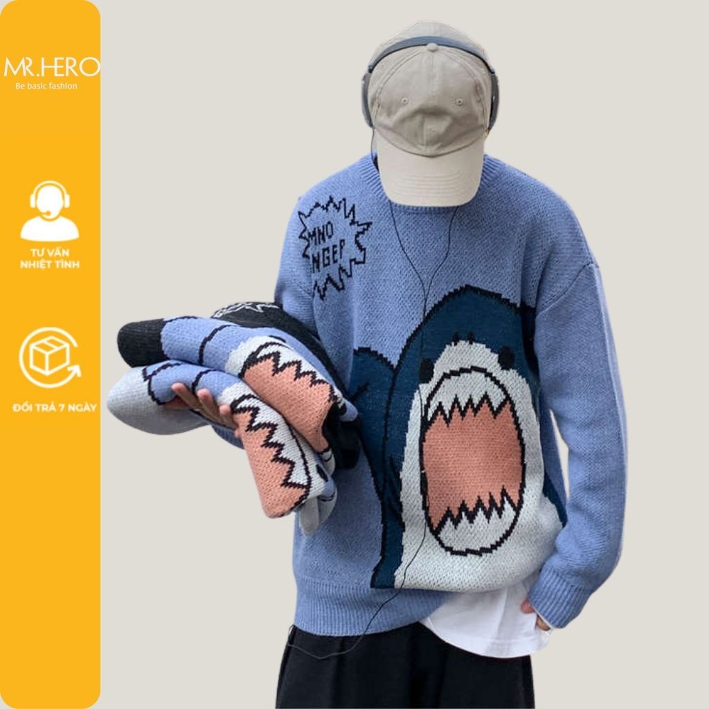 Áo Sweater dáng rộng tay dài in hình cá mập áo len cổ tròn MrHero unisex  phong cách Hàn Quốc  AL27 M.RO