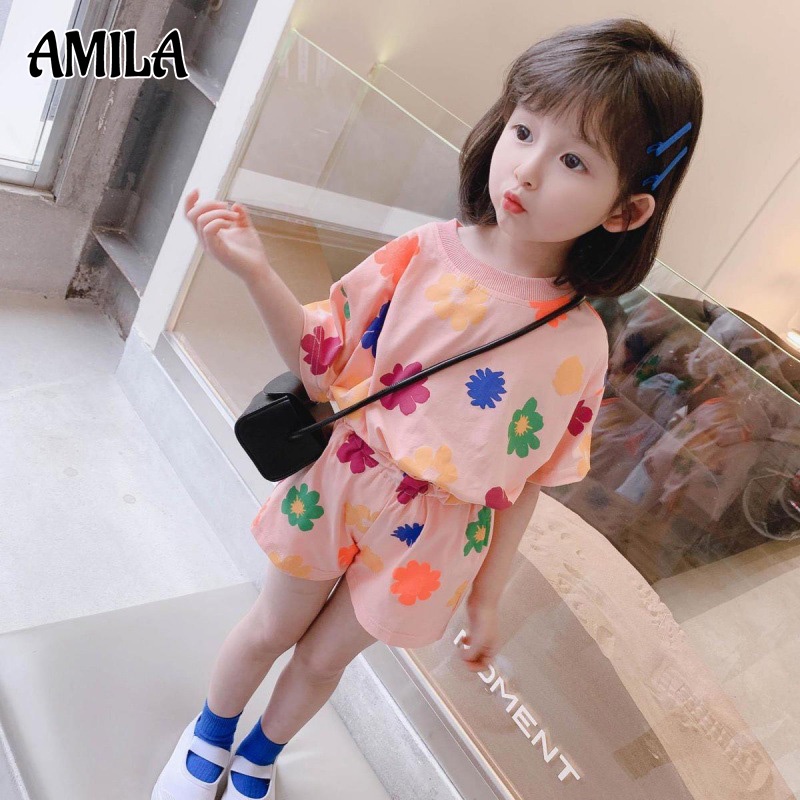 AMILA Bộ đồ trẻ em ngắn tay Phong cách hàn quốc thời trang thoáng khí Bộ đồ mặc nhà cho bé