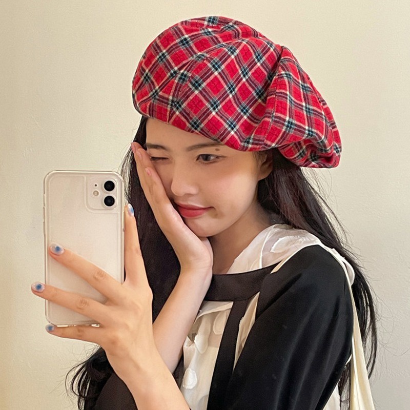 Mũ Beret Họa Tiết Sọc Caro Phong Cách Retro Hàn Quốc Cho Nữ