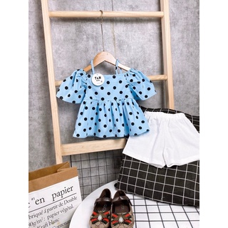 Bộ trễ vai chấm bi xanh