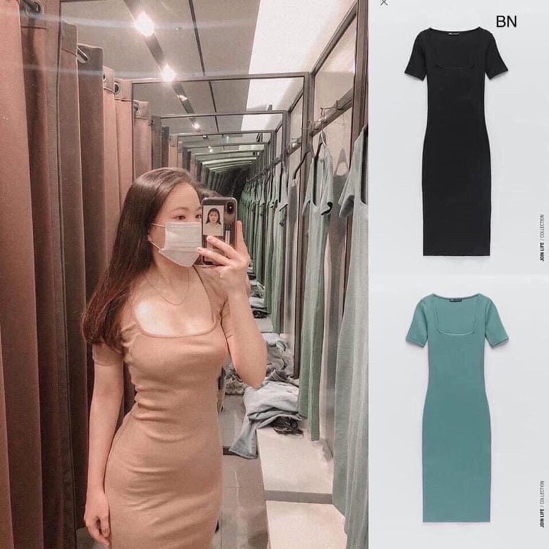 Váy body nữ tay lỡ cổ vuông dáng dài chất thun bozip co dãn nhiều màu duyendell