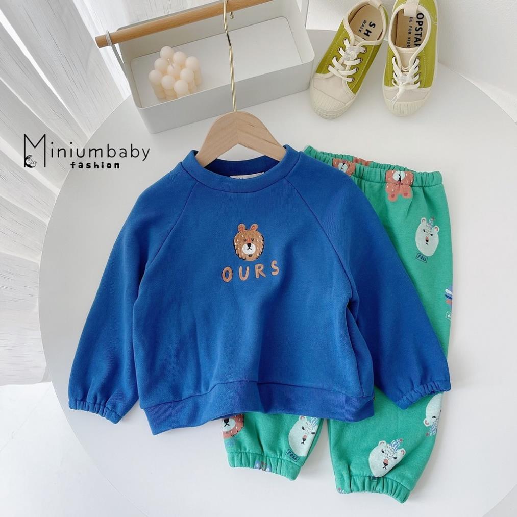 Bộ đồ dài tay quần dài thu đông thêu gấu cho bé gái/trai chất liệu cotton nỉ bông, set quần áo trẻ em MiniumBaby-SB1141