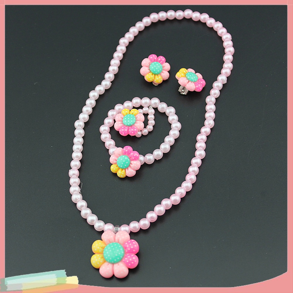 Bộ Trang Sức Gồm Vòng cổ / Vòng Tay / Nhẫn / Bông Tai Hình Hoa Đính Ngọc Trai Nhân Tạo Dễ Thương Cho Bé Gái