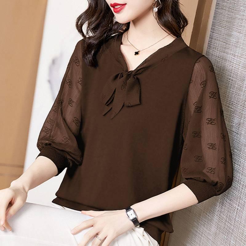 Áo sơ mi vải voan tay lỡ size lớn phong cách thanh lịch cho phụ nữ tuổi trung niên