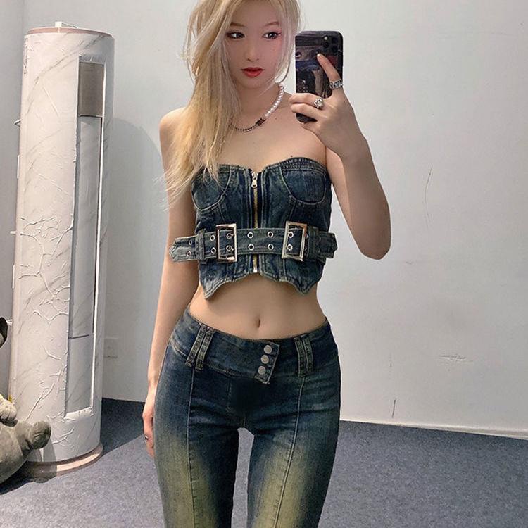 Set Đồ Hai Mảnh Gồm Áo Ống Loe Denim Và Quần Ống Loe Phong Cách Babyking Love Heroine Cho Bé Gái