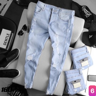 Quần jean nam xanh nhạt trơn rách gối chất bò cao cấp co dãn 4 chiều, quần rin nam xanh bạc mới cực đẹp Hbfashion01