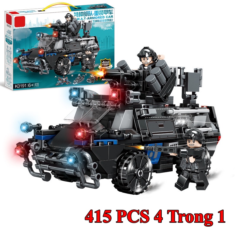 BỘ ĐỒ CHƠI XẾP HÌNH Xe OTO SWAT - Đồ Chơi Lắp Ráp  Xe Cảnh Sát – 4 Trong 1