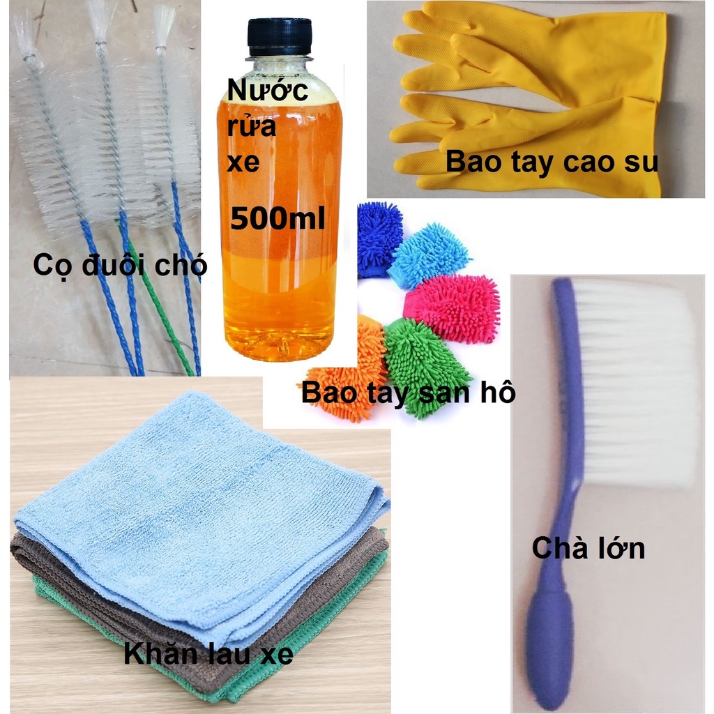 [Bộ dụng cụ 6 món rửa xe] Bao tay san hô -Cọ đuôi chó-khăn lau xe-bàn chải chà rửa xe-bao tay cao su-nước rửa xe rất rẻ