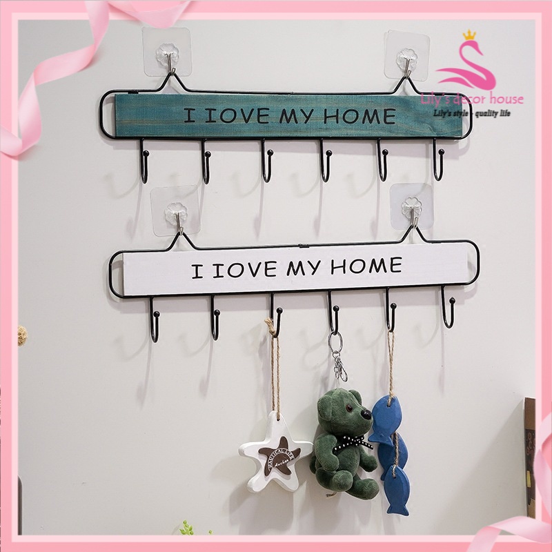 Hàng Móc Trang Trí Bằng Sắt khung Gỗ I love my Home Sáng Tạo treo đồ chìa khóa trang trí nhà cửa Móc treo đồ cute