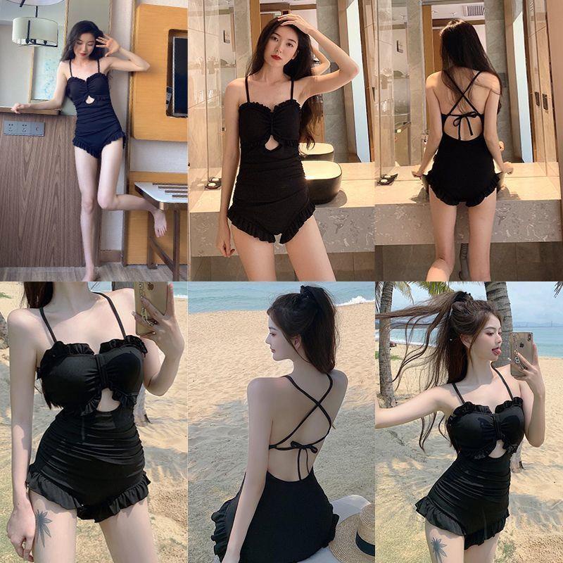 [BIKINI NHẬP LOẠI 1] Bikini nữ đi biển liền mảnh cúp nơ dìm bèo màu đen thun gân Hàn Quốc